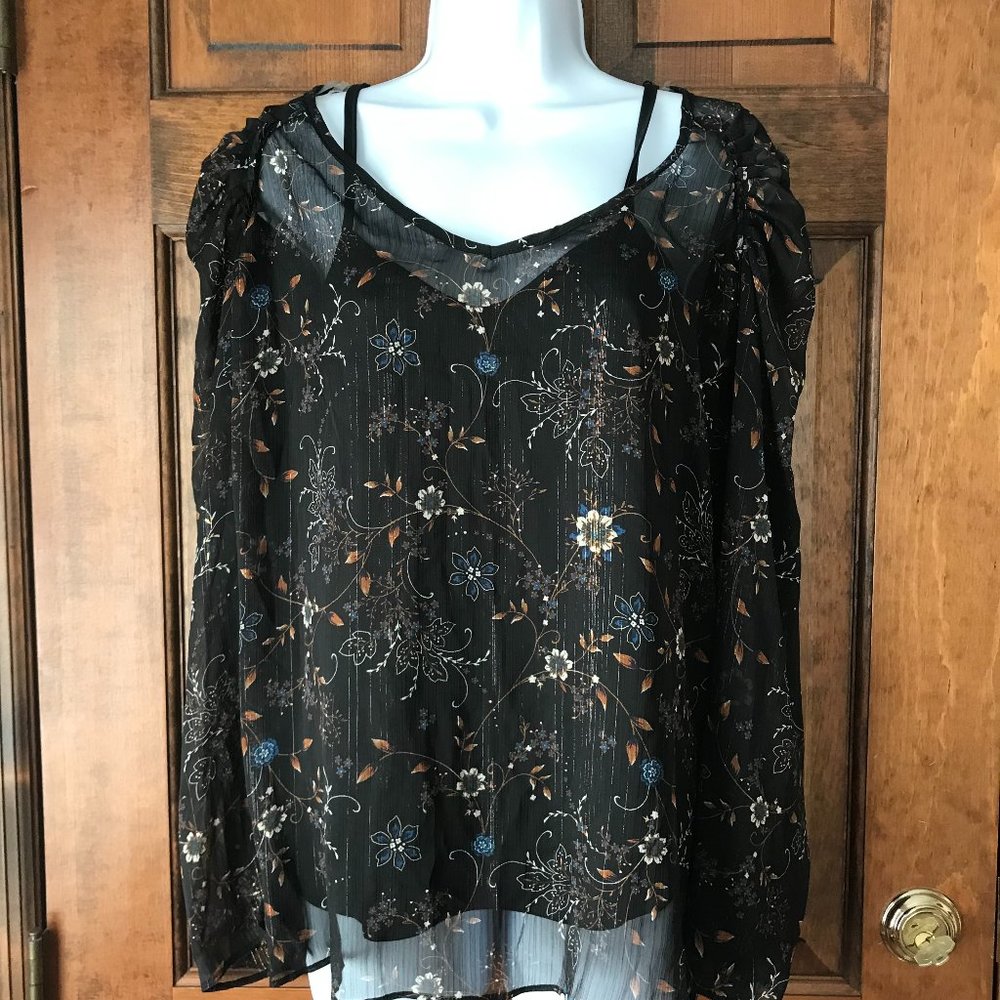 NWT Zac & Rachel Black w/Flowers & Sparkle Sheer Top over Camisole Blouse XL